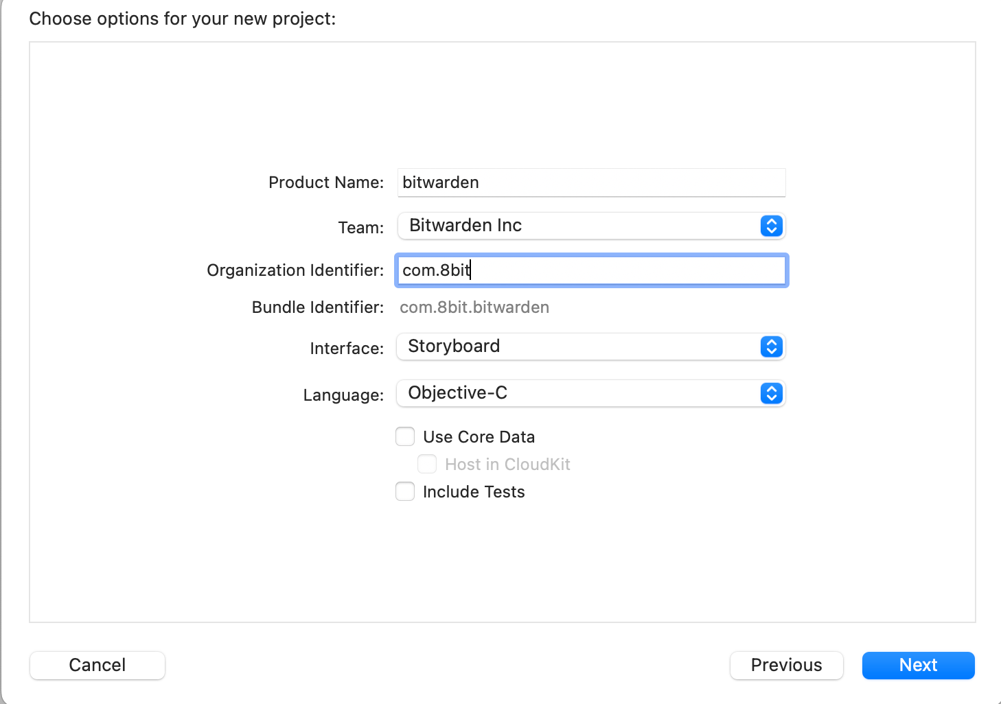 Example configuration for new Xcode project