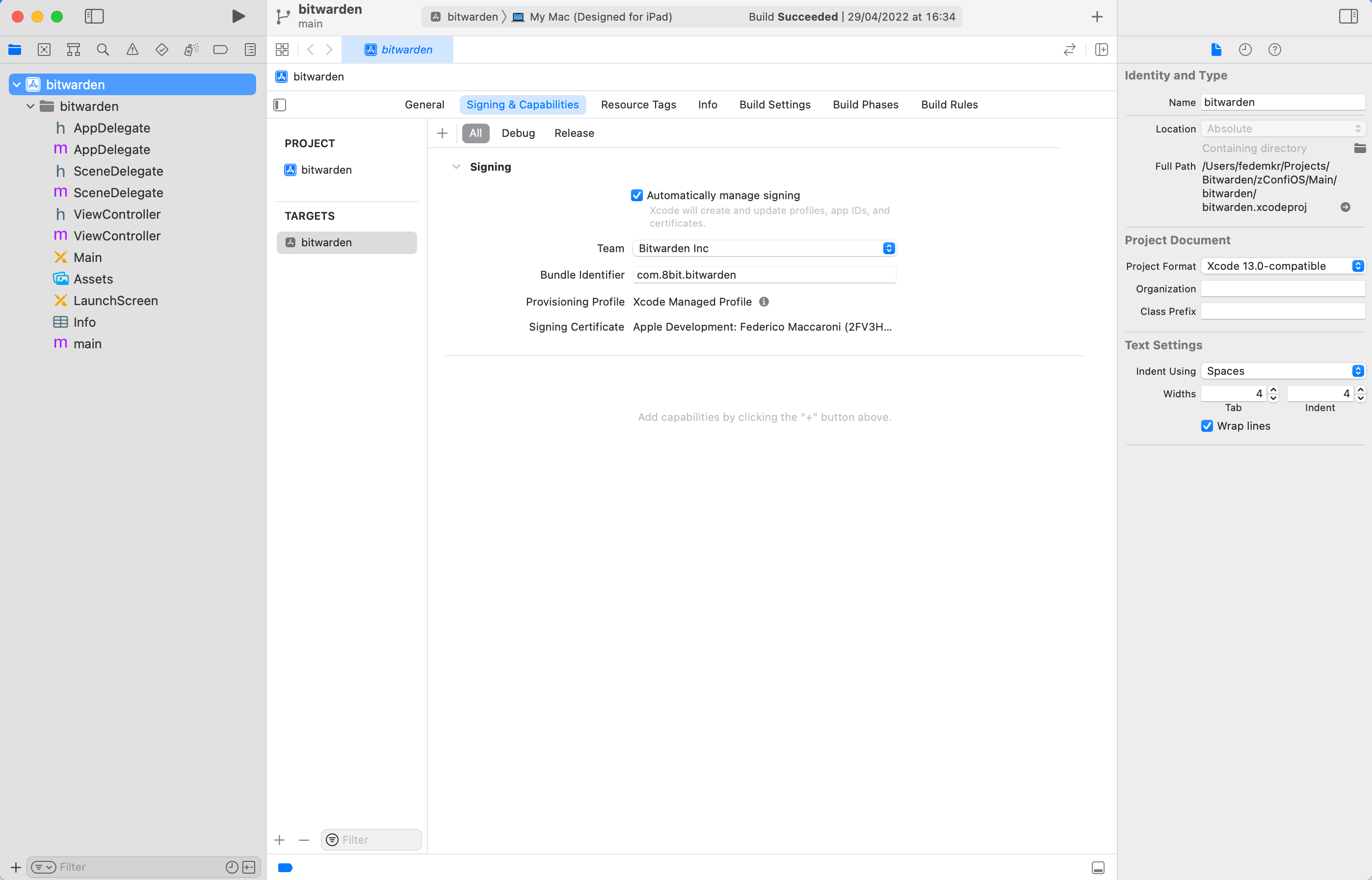 Example configuration for Signing &amp; Capabilities screen